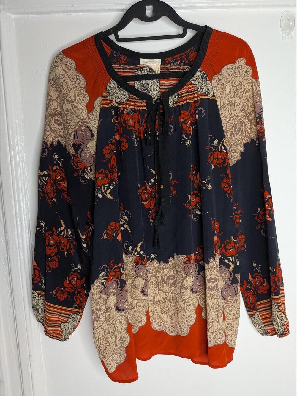Meadow Rue Blouse Womens XL Multicolor Floral Silk Boho Tunic Top Long Sleeve